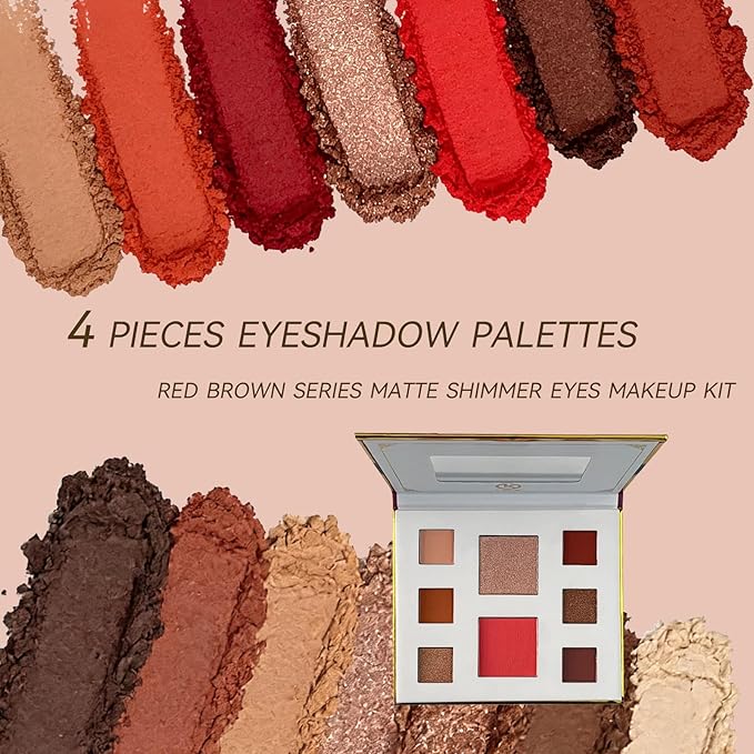 K'APEINE Eyeshadow Kit-4pcs Eyeshadow Palettes 32Colors Makeup Palette Red Brown Eye Shadow Blush Contour Highly Pigment Long Lasting for Women Daily, Parties