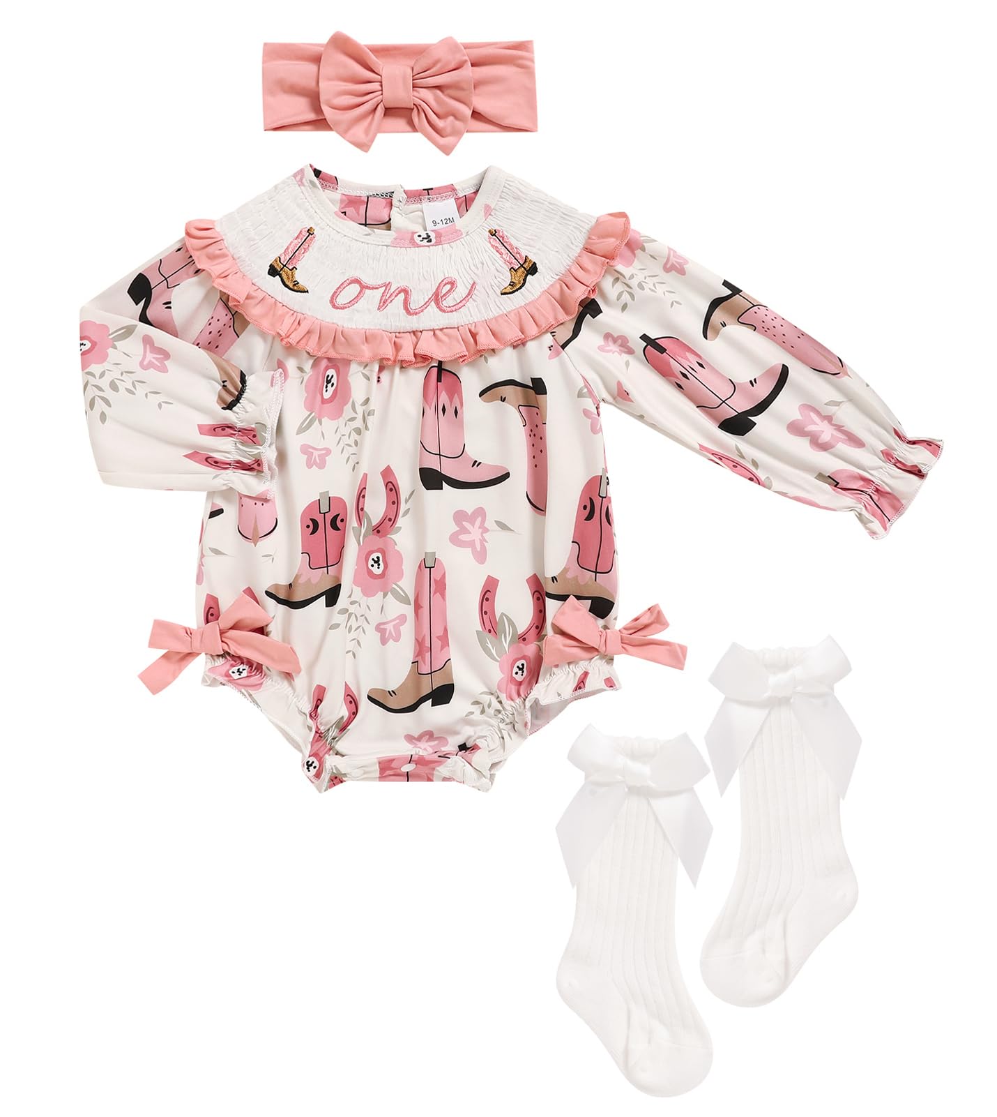 GRNSHTS Baby Girl 1st Birthday Outfits One Year Old Boots Floral Romper Embroidery Bodysuit Cake Smash Clothes(Flesh Pink,12-18M)