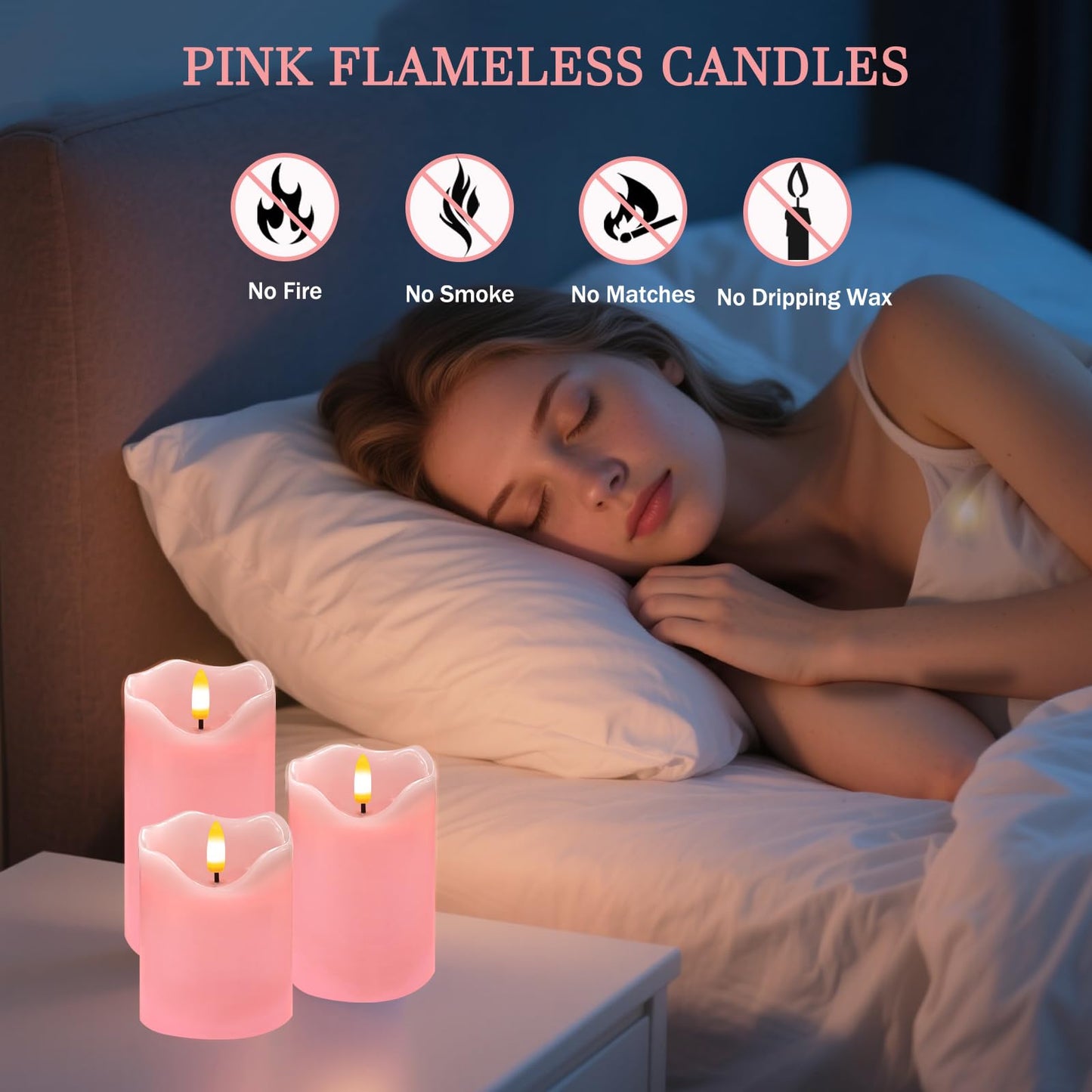 VEEKI Flameless Candles Light, Set of 3 Flickering LED Candle with Remote & Timer, Dimmable Electric Pillar Candles Battery Operated, Pink Candles for Valentine's Day Xmas Home Decor (3PC)
