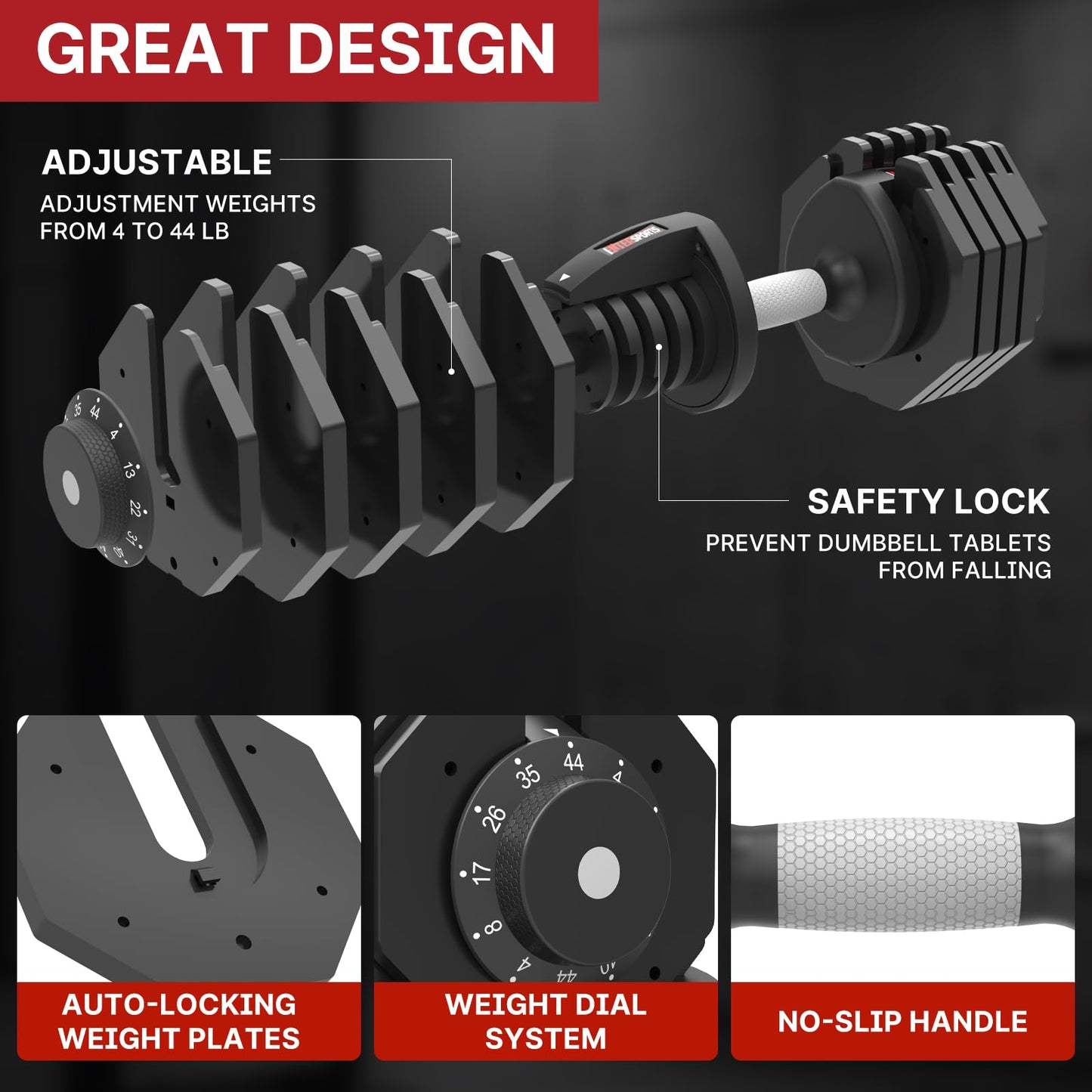EnterSports 22/44 LBS Adjustable Dumbbell Quick Adjustment Space-saving Convertible Dumbbell with Non-Slip Handle, Changeable weights Suitable for Women Men Home Office Gym Body Strength Training (44lbs Single)