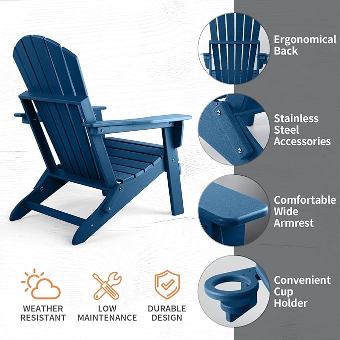 FUNBERRY Folding Adirondack Chair, All Weather HDPE Fire Pit Chairs with Cup Holder for Outdoor
