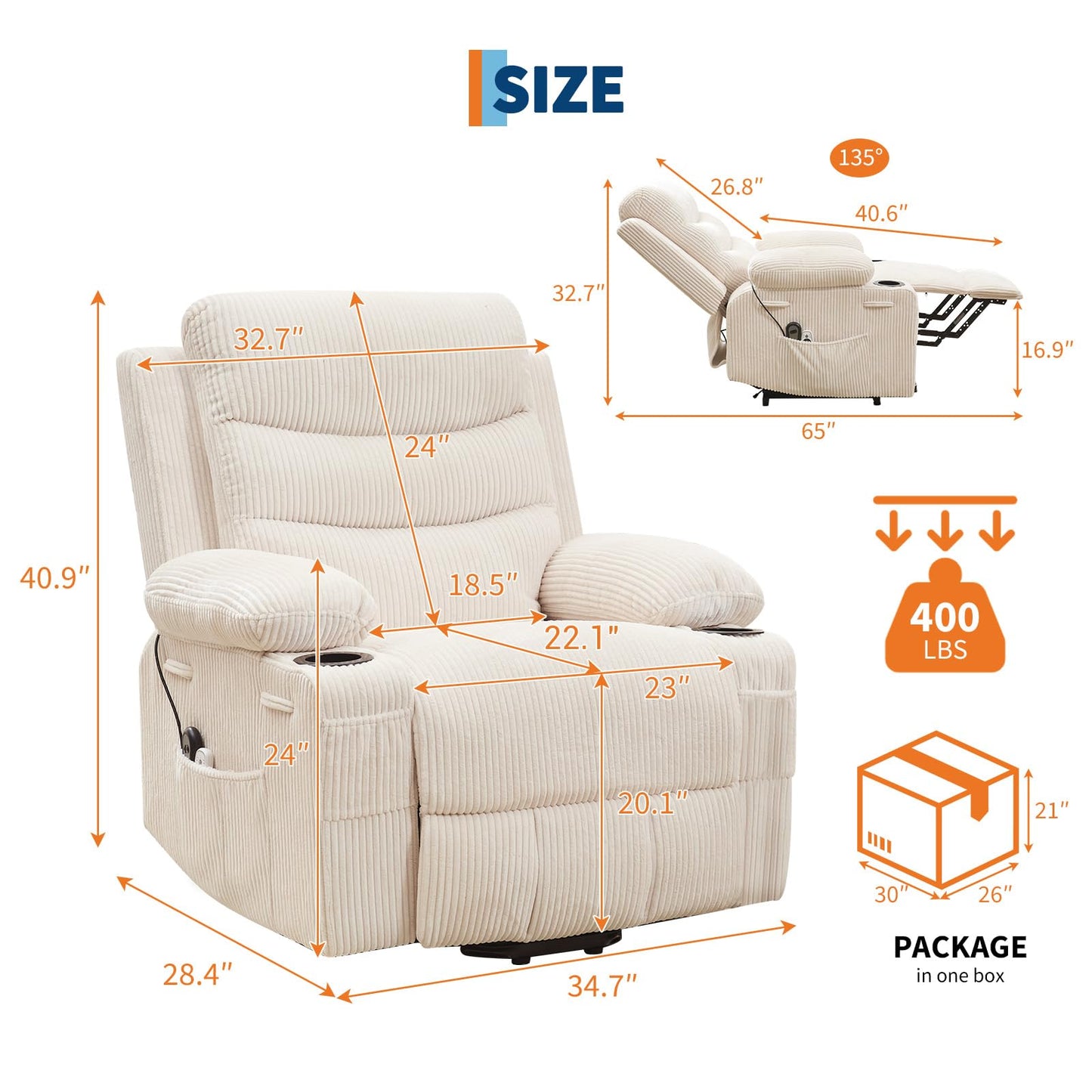 Power Lift Recliner Chair for Elderly with Massage & Heat,Oversized Electric Recliners,Home Theater Seat with 2 Cup Holders Side, Electric Glider Reclining Single Sofa Chair for Living Room