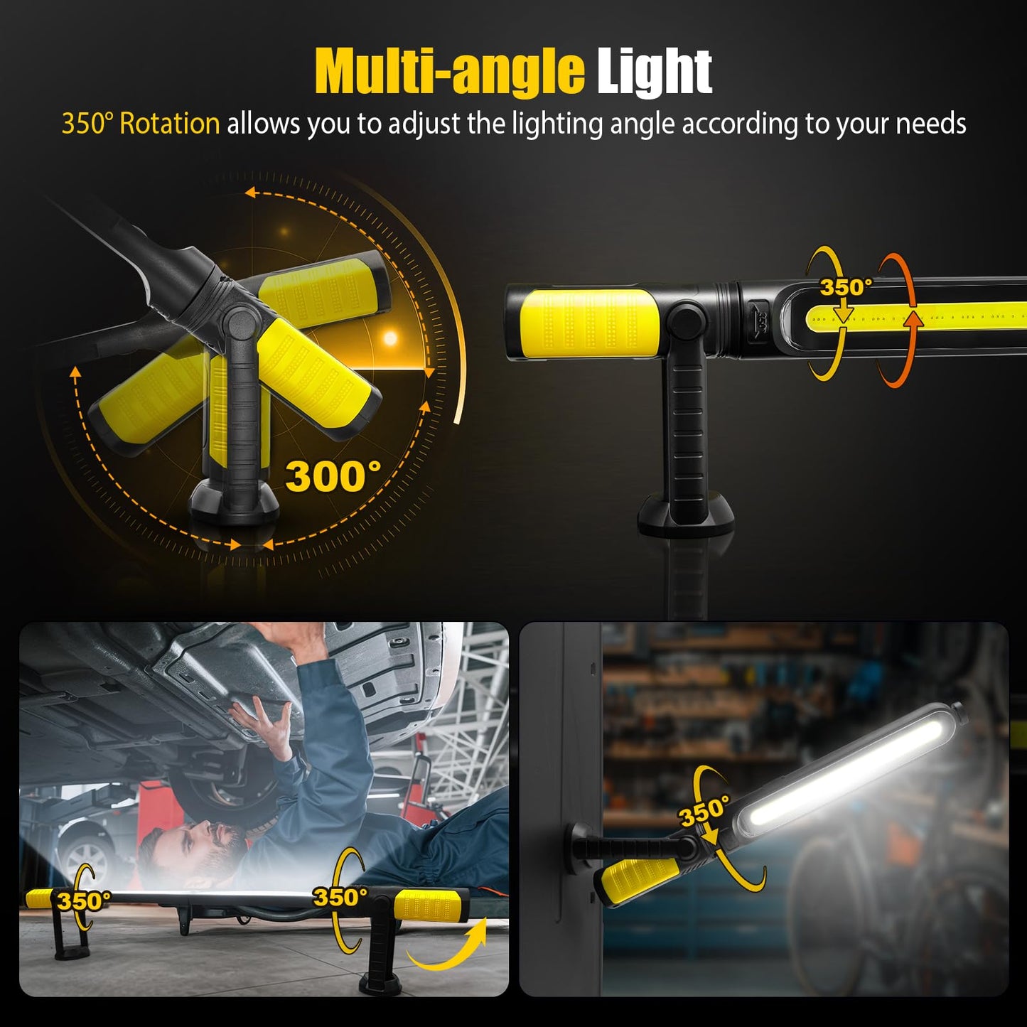 SYLSTAR Work Light for Mechanic, 2400LM LED, 4400mAh Rechargeable, Magnetic, Underhood Work Light with Hooks for Car Repairing, Job site, Garage, Workshop, Emergency(Yellow)