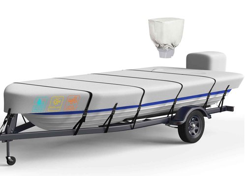 Heavy Duty 5 Layers 1200D Jon Boat Cover 16ft - 18ft with Motor Cover, 100% Waterproof Trailerable Jon Boat Covers 16-18 Foot with 11+4 Pcs Windproof Straps