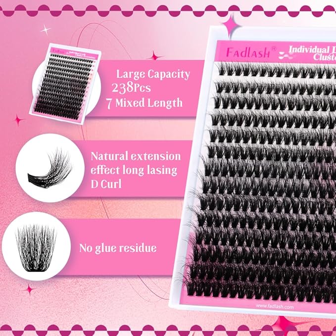 FADLASH Lash Extension Kit 80D Lash Clusters D Curl DIY Eyelash Extension Kit with Lash Bond and Seal Lash Applicator 3D Effect Lash Cluster Kit fluffy (80D Kit, Mix 10-18mm)