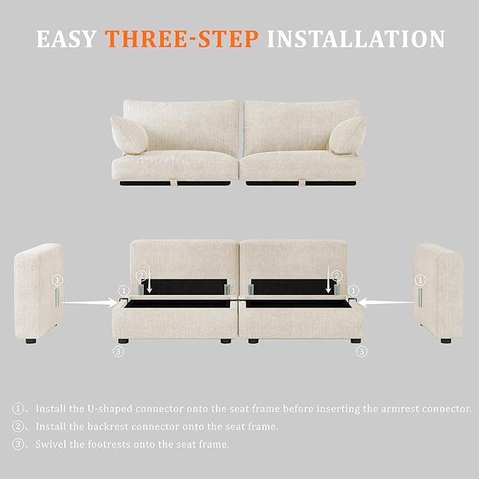 Cloud Modular Sectional Sofa Couch with Storage Ottoman, 70" Oversized Sectional Couches for Living Room, Cloud Modular I-Shaped Sofa with Chaise, Loveseat, Chenille, Beige