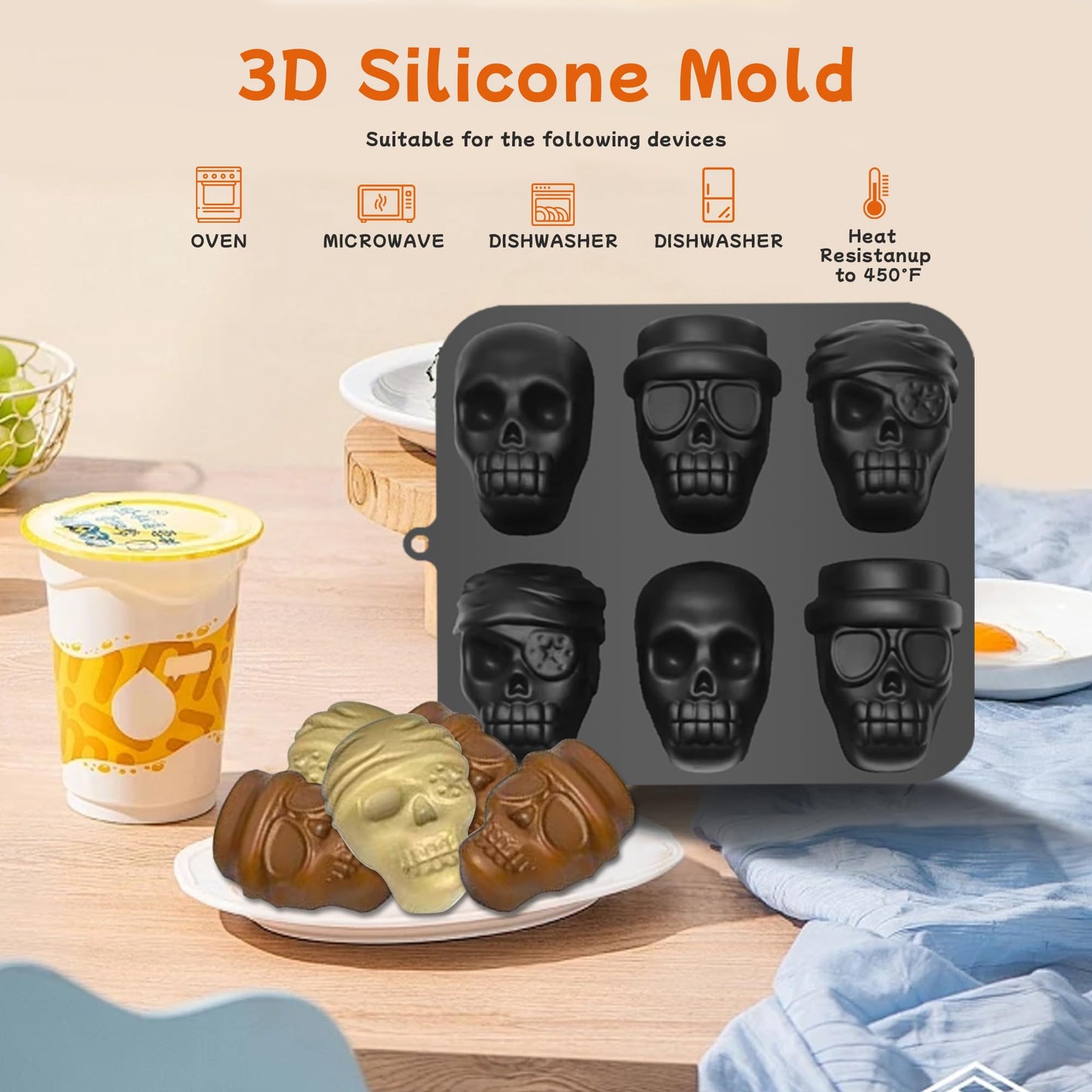 ZeaoqiT Halloween Skull Cake Pan Silicone Large Size Skull Baking Molds，Baking Skull Cake Molds for Chocolate, Pudding,Cakes,Jello, Candy