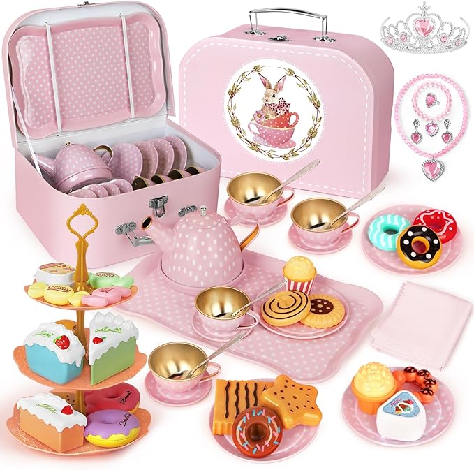 iAOVUEBY Tea Party Set for Little Girls, 49PCS Princess Tea Time Toys Including Tea Set Dessert Carrying Case, Kids Kitche...