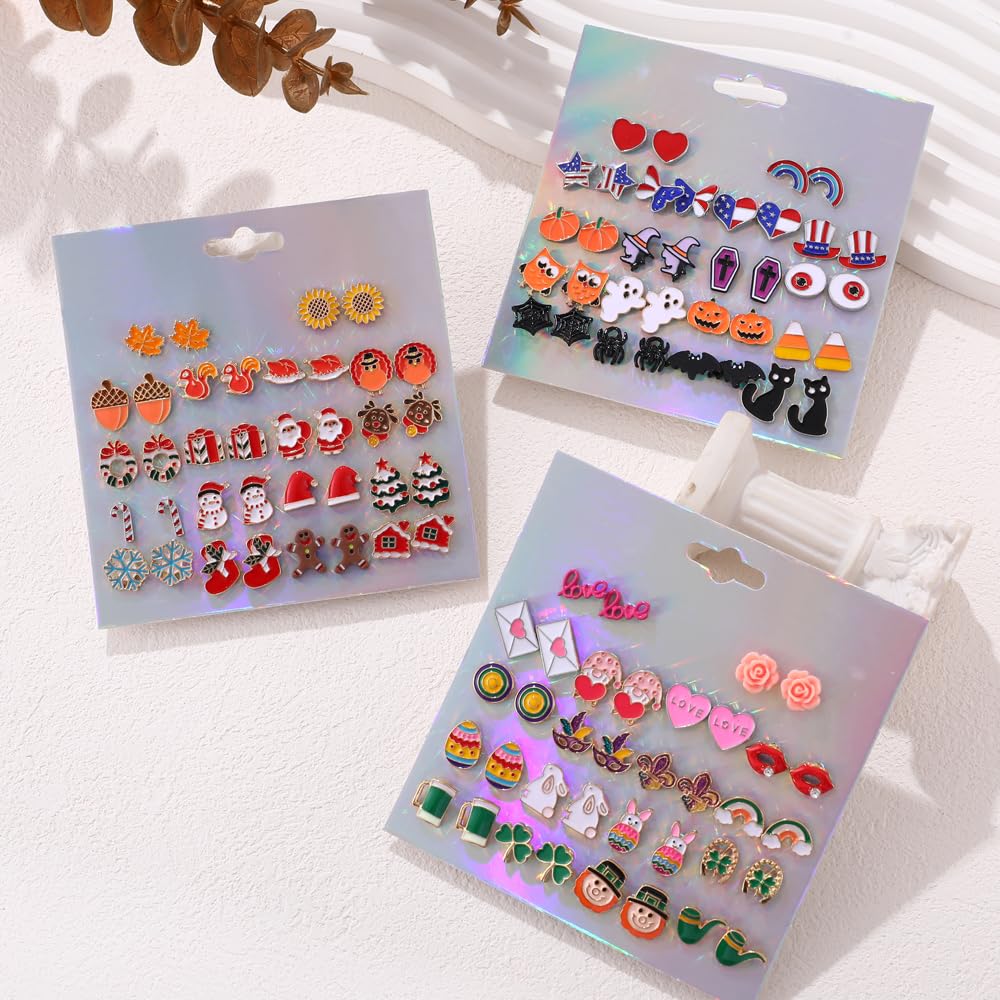 Yoshow 54 Pairs Hypoallergenic Holiday Earrings Variety Pack Cute Halloween Stud Earrings Bulk for Women Teens Fun Thanksgiving Christmas Earrings Set Fall Earrings Jewelry