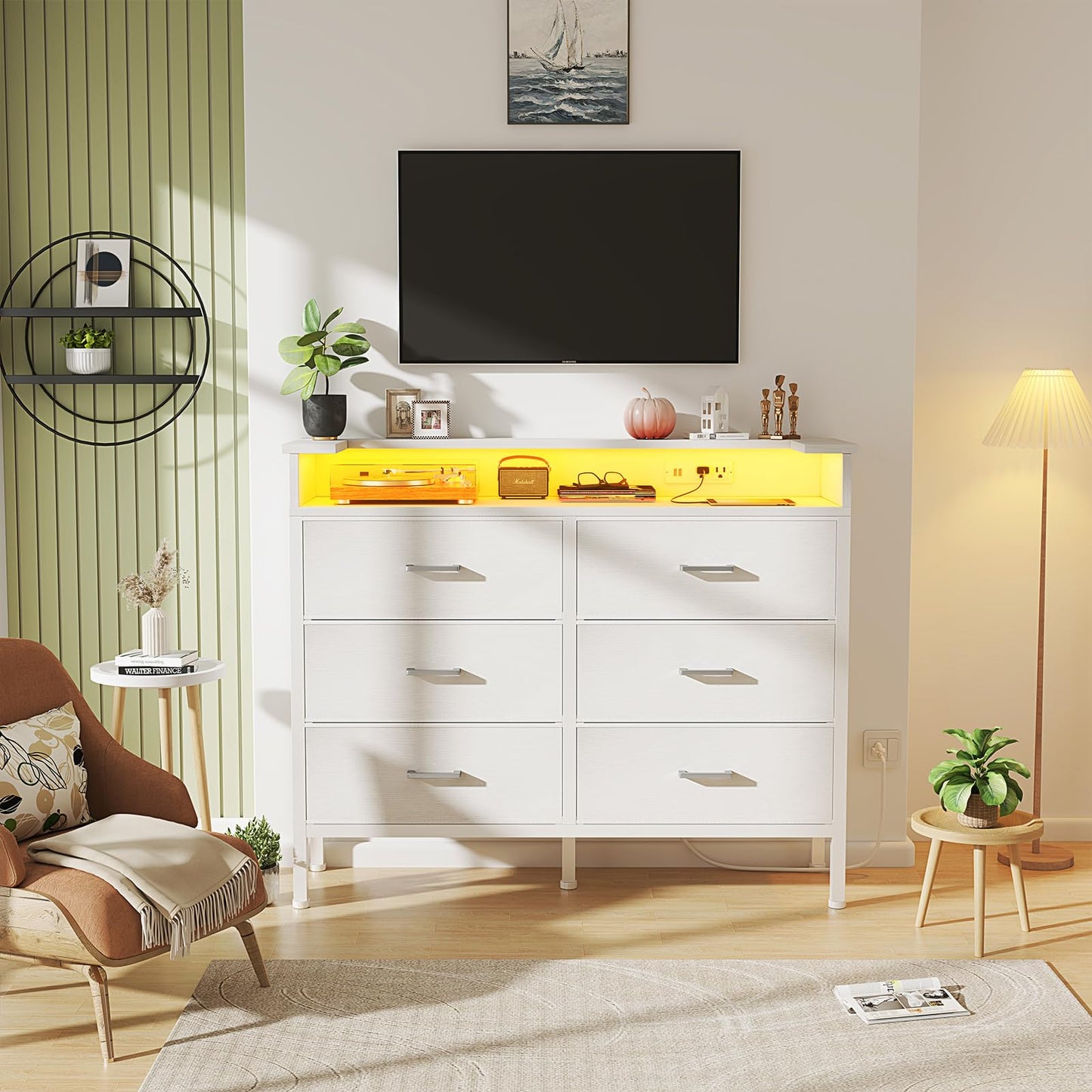 BOLUO White Dresser with LED Light and Charging Station for Bedroom 6 Drawer Dresser with USB Outlet, Fabric Dressers & Chests of Drawers Modern
