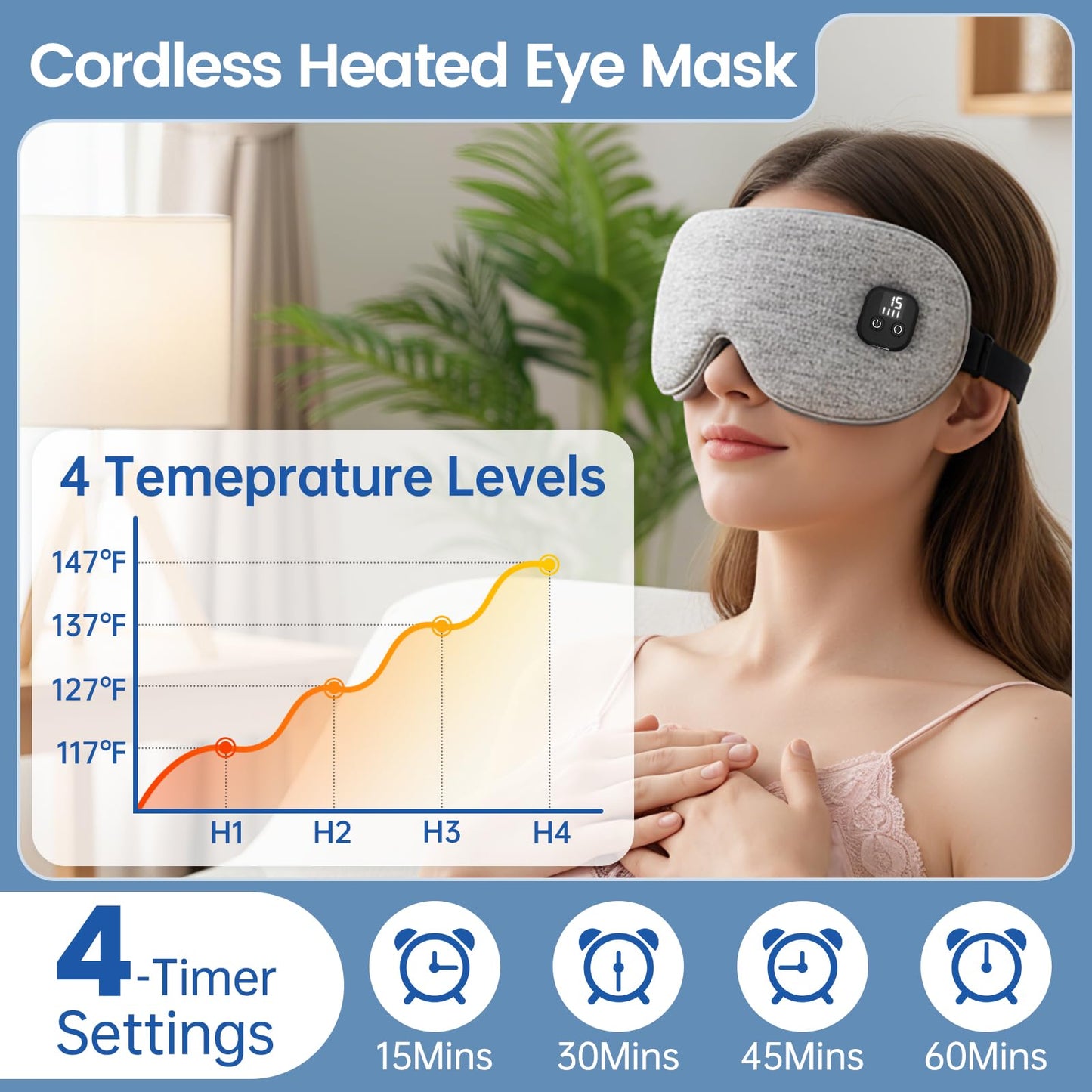 Heated Eye Mask for Dry Eyes, Cordless Warm Eye Compress with 4 Heat & time Levels, Eye Heating pad for Blepharitis, Styes, Travel, Improved Sleep, Gift (White)