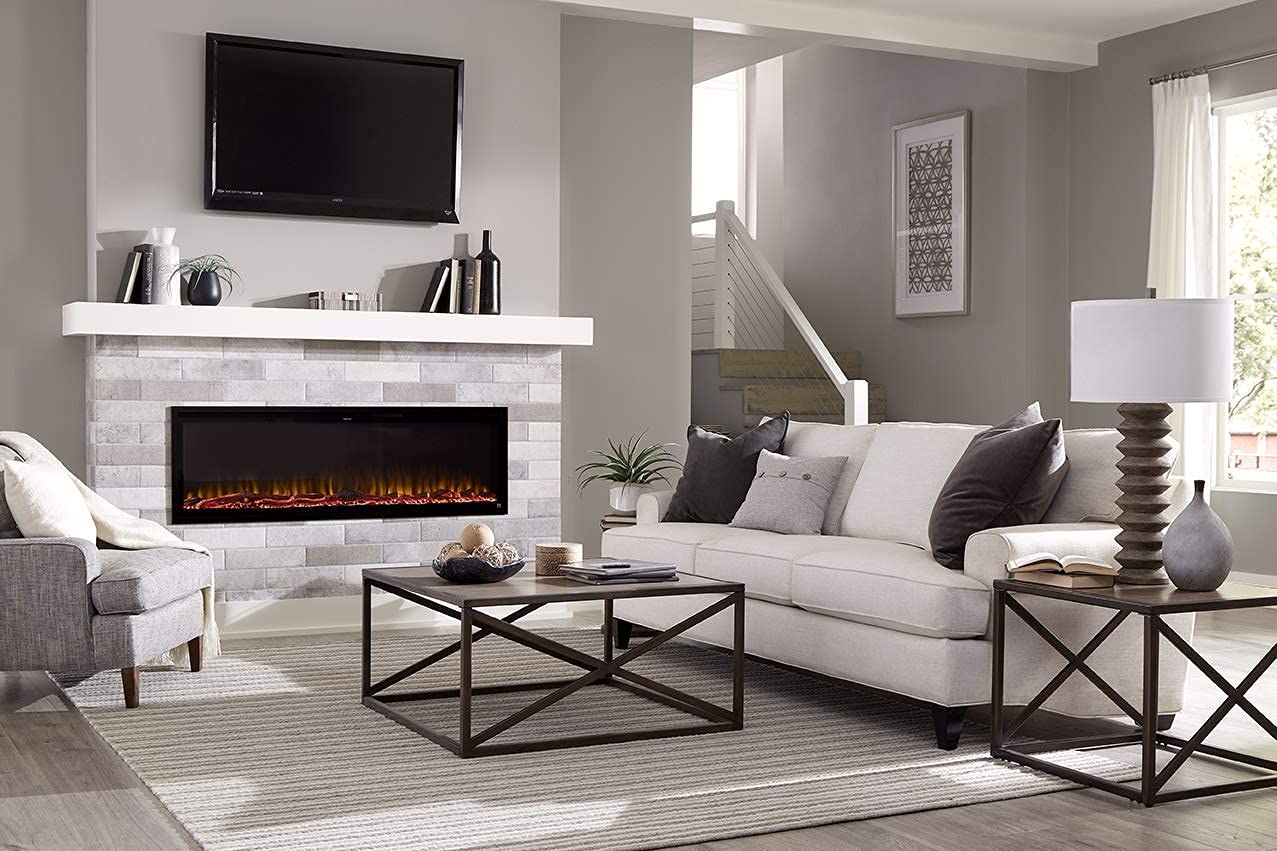Touchstone Sideline Elite Smart 60” WiFi-Enabled Electric Fireplace - in-Wall Recessed - 60 Color Combinations - 1,500W Heater - Black - Log, Crystals & Driftwood - 80037