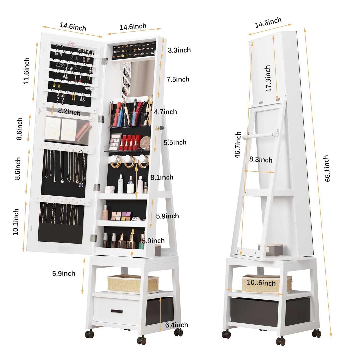 GAOMON 66" H Jewelry Armoire with Full Length Mirror, 360° Rotating Jewelry Cabinet, Inside Makeup Mirror, Standing Lockable Cabinet Organizer, Large Capacity, Rear Storage Shelves, Drawer, Wheels