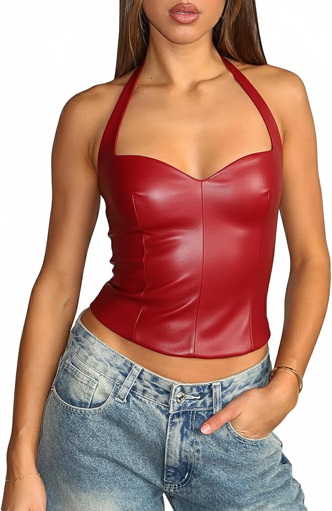Coloquin Women Sexy Leather Top Sweetheart Neckline Halter Tops Backless Club Party Rave Going Out Tops