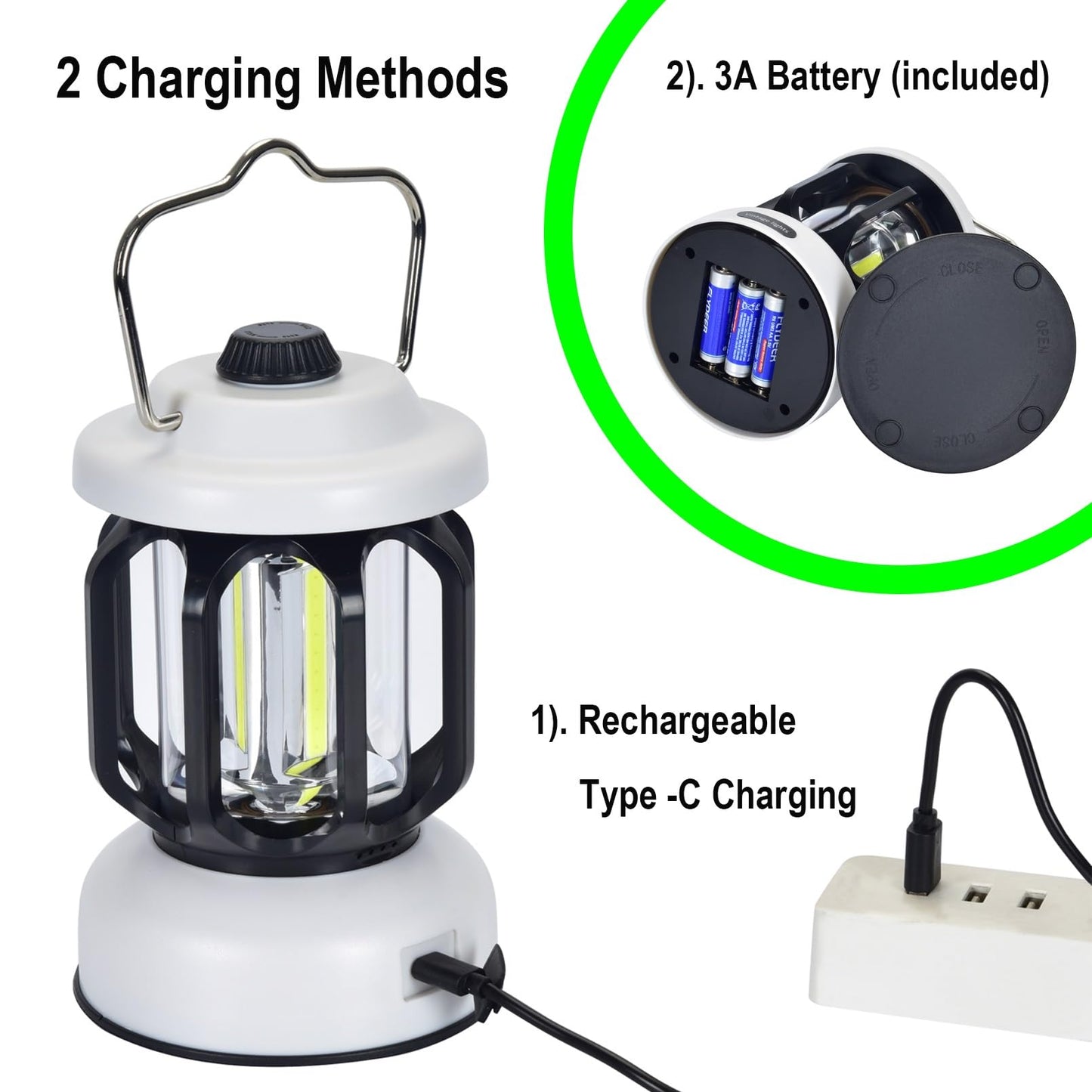 Camping Lantern Rechargeable, 360° Brightness Dimmable Retro Camping Light, Hanging Vintage Camping Lamp Outdoor Tent Light for Power Outage, Hurricane, Emergency, 3A Battery Included, White
