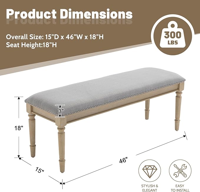 chairus Farmhouse Dining Bench 46" Wooden Entryway Bench with Padded Seat and Nailhead Trim for Kitchen Bedroom,Indoor and Hallway, Grey Linen