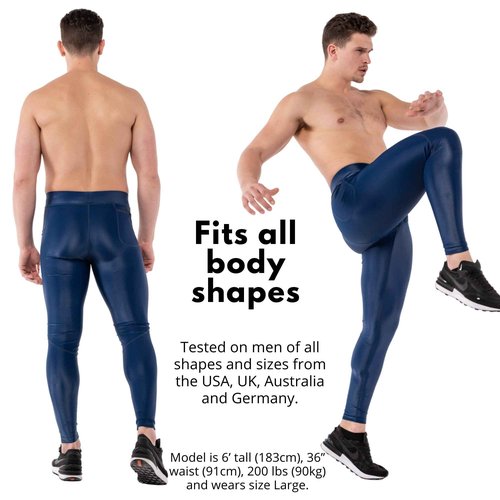 Kapow Meggings Shiny Performance Range - Shiny Compression Leggings for Men with Pockets, Athletic Base Layer (Omega, M)