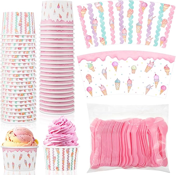 Gerrii 100 Set Ice Cream Cups with Spoons 8oz Ice Cream Bar Supplies Colorful Disposable Dessert Cups Sundae Containers De...