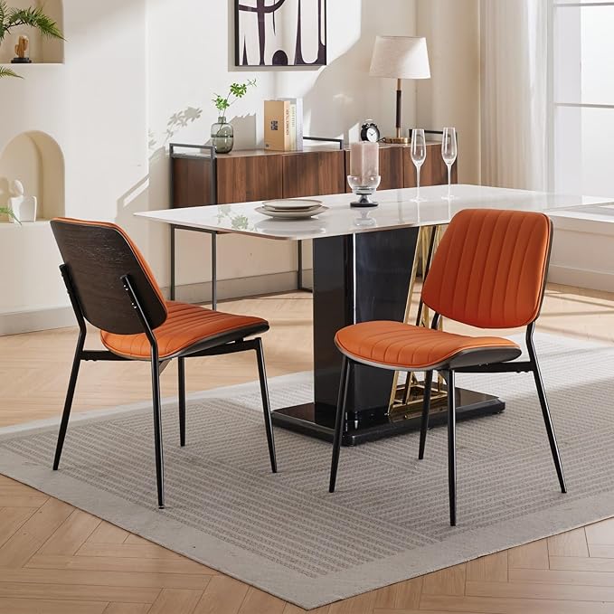 YaFiti Dining Chairs Set of 8, Mid Century Modern Accent Dining Room and Kitchen Chairs, Upholstered PU Leather Vertical Stripe Chairs for Vanity with Walnut Bentwood and Metal Legs, Orange