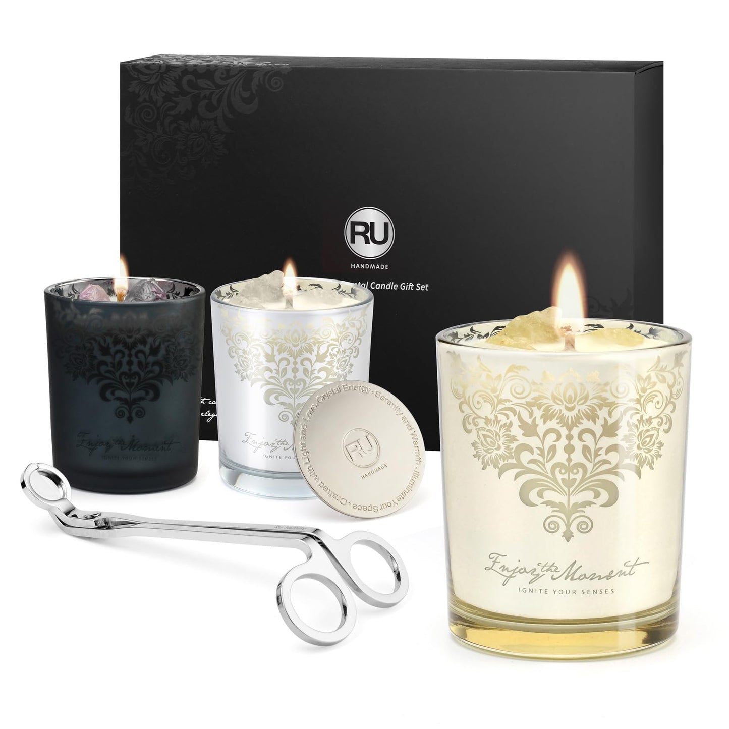 Luxury Scented Candles Gift Set – 3 Crystal Soy & Beeswax Aromatherapy Candle with Snuffer Lid & Wick Trimmer,7oz/each | Floral & Citrus Scents, Candle for Women, candles for home Scented & Relaxation