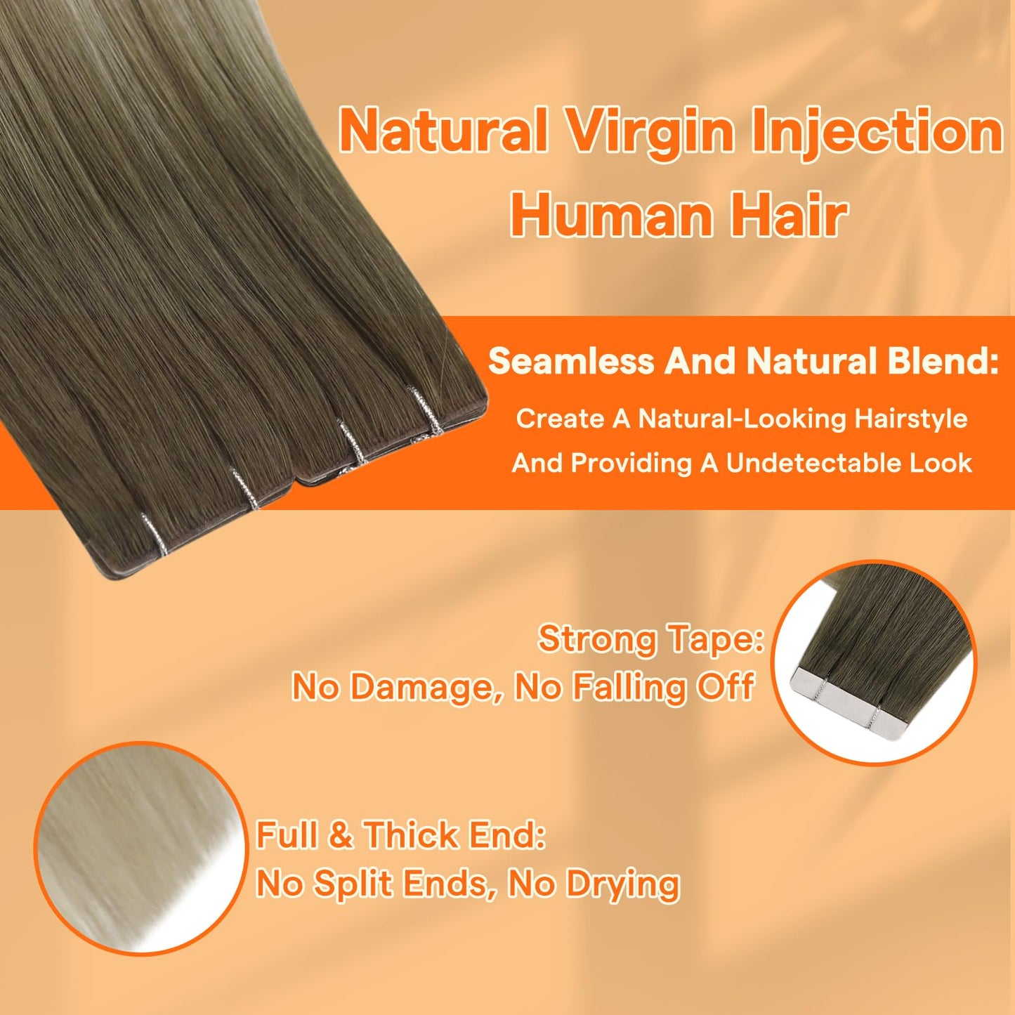 Full Shine Injection Tape in Hair Extensions Human Hair Medium Brown Fading to Ash Brown and Platinum Blonde 16Inch Seamless Vir
