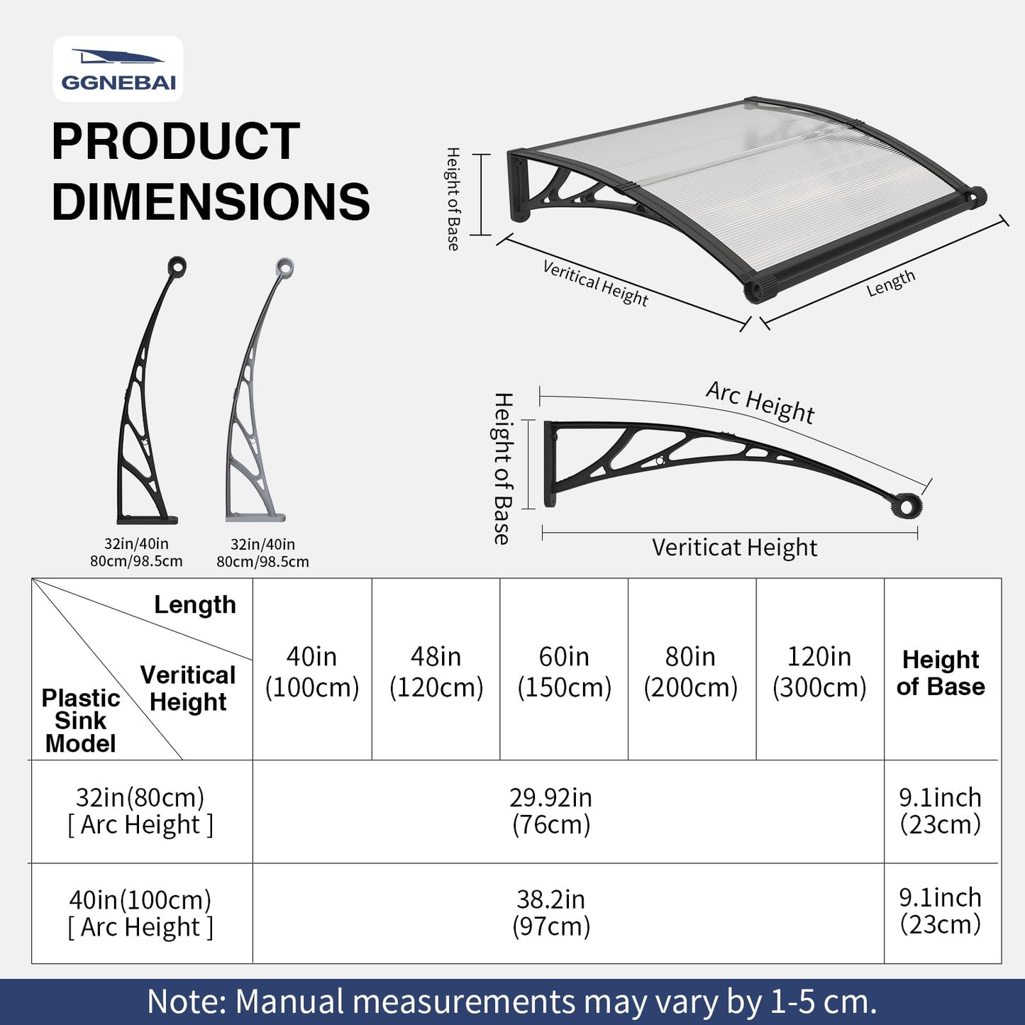 GGNEBAI Awning for Door Entrance 40x80 Inch,Awnings for Doors with Separate Drainage,Front Door Awning Exterior,Polycarbonate UV, Rain, and Snow Protection for Porch,Patio,Window,Deck