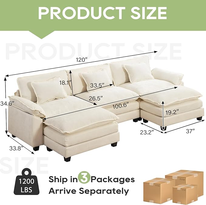 Oprisen 120" Modular Sectional Sofa, Comfy Cloud Couch Sectional Sofa with Ottoman, Chenille Sofa Sleeper Deep Seat Sofa with Throw Pillows for Living Room (Beige White, 120"- U Shape)