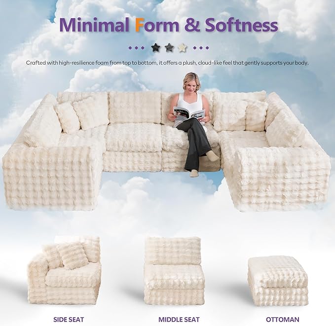 TYBOATLE 135’’ Boneless Slow-Rebound Memory Foam Couch, Cloud Sectional Couches for Living Room w/Upgraded Fabric, Deep Seat Comfy Fluffy U Shaped Modular Sectional Sofa w/Chaise, Beige