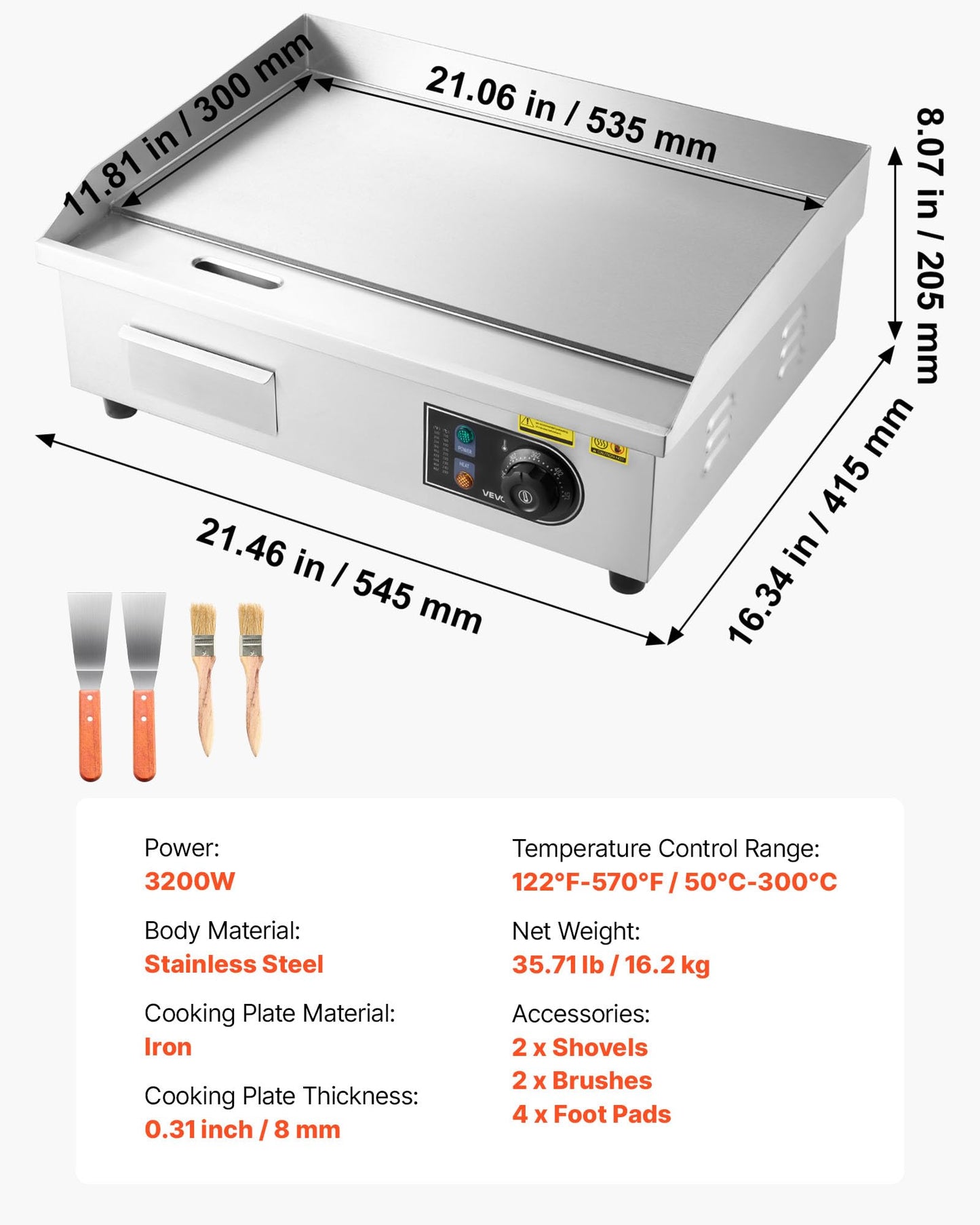 VEVOR Commercial Electric Griddle, 21.06 x 11.81 inch, 3200W, 122-570°F Adjustable Temp Control, Stainless Steel Body, Full Flat, with 2 Spatulas, 2 Brushes, and 4 Foot Pads, for Steak, Pancake