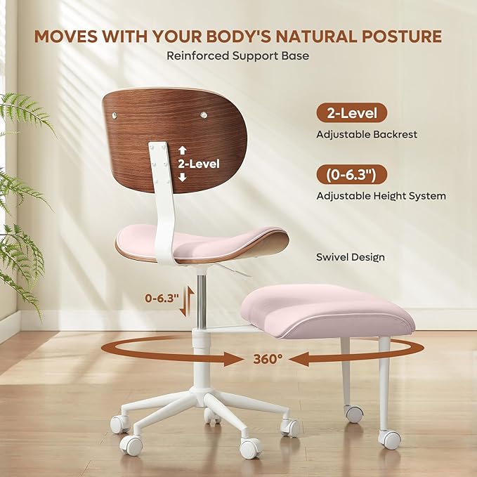 Bestier Meditation Chair with Wider Bentwood Back Support, Ergonomic Cross Legged Office Chair for Adults up to 300 lbs, 360° Swivel Adjustable Height for Multi Position (Contemporary Bentwood, Pink)