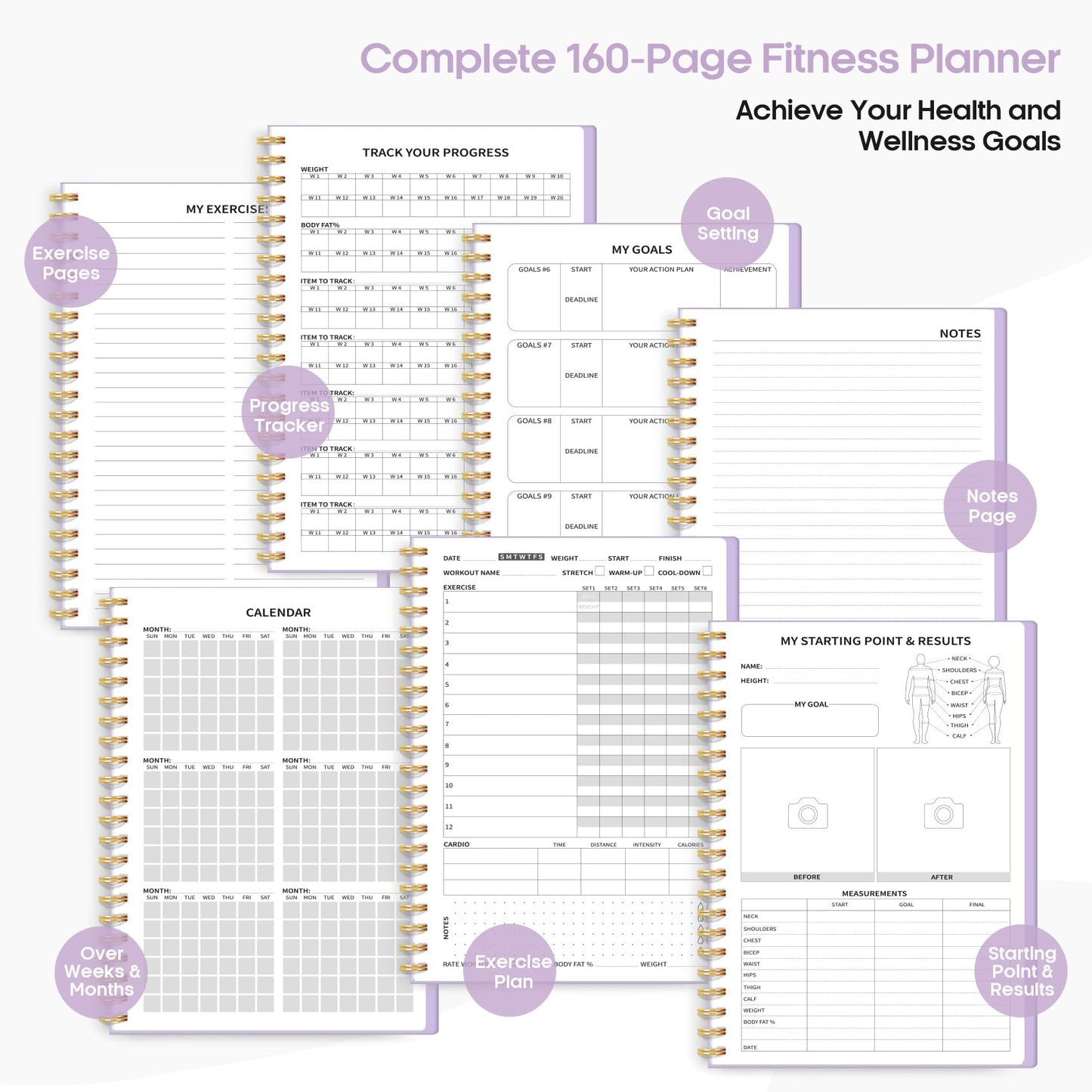 Fitness Workout Journal for Women & Men, A5(5.5" x 8.5") Workout Log Book Planner for Tracking, Progress, and Achieving Your Wellness Goals-Lavender