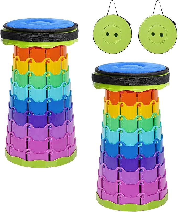 FXKS 2 Pack Upgraded Collapsible Stool Folding Stool with Cushion,Retractable Folding Stool Max Load Capacity 400lbs, Portable Telescoping Stools for Camping Hiking Outdoor BBQ -Rainbow-Green