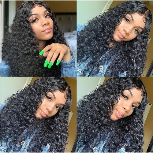 Metamuclia Water Wave 4X4 Lace Frontal Human Hair Wigs, 180% Density, Wet and Wavy Curly, Glueless, 18 Inch