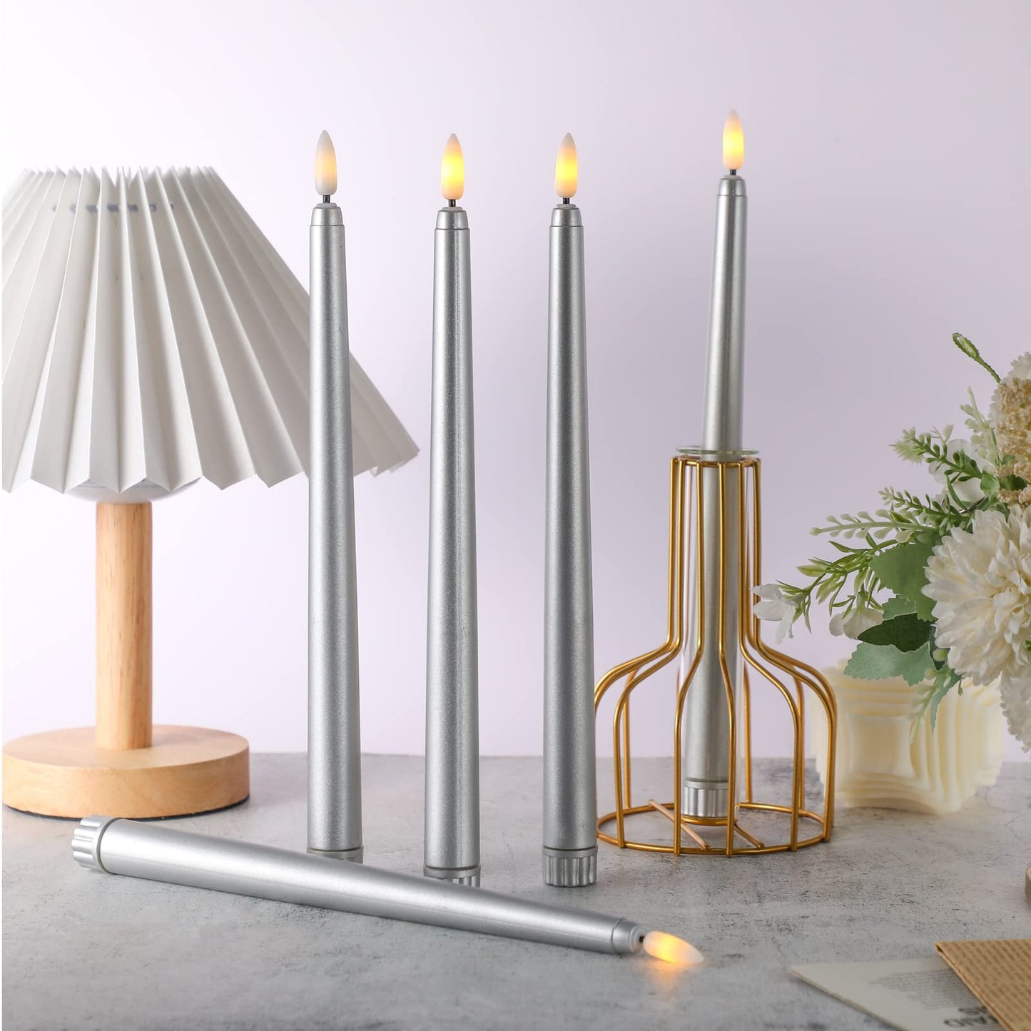 Macarrie 24 Packs Flameless Taper Candles Battery Operated Fake 11 Inch Long Candlelight LED Flameless Candlesticks Flickering Tapered for Christmas Church Prayer New Year Wedding(Silver)