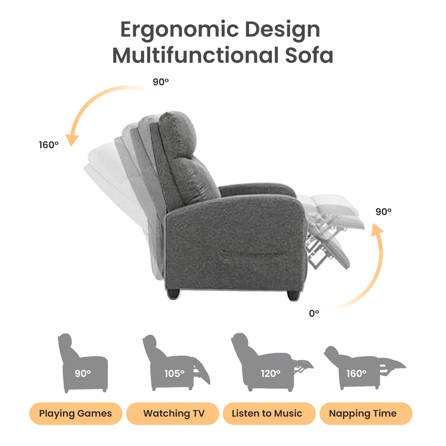 HealSmart Adjustable Push Back Recliner Chair, Soft Fabric Lounge Sofa for Reading & Relaxing, Perfect Home Theater Chair for Living Room & Bedroom, Grey