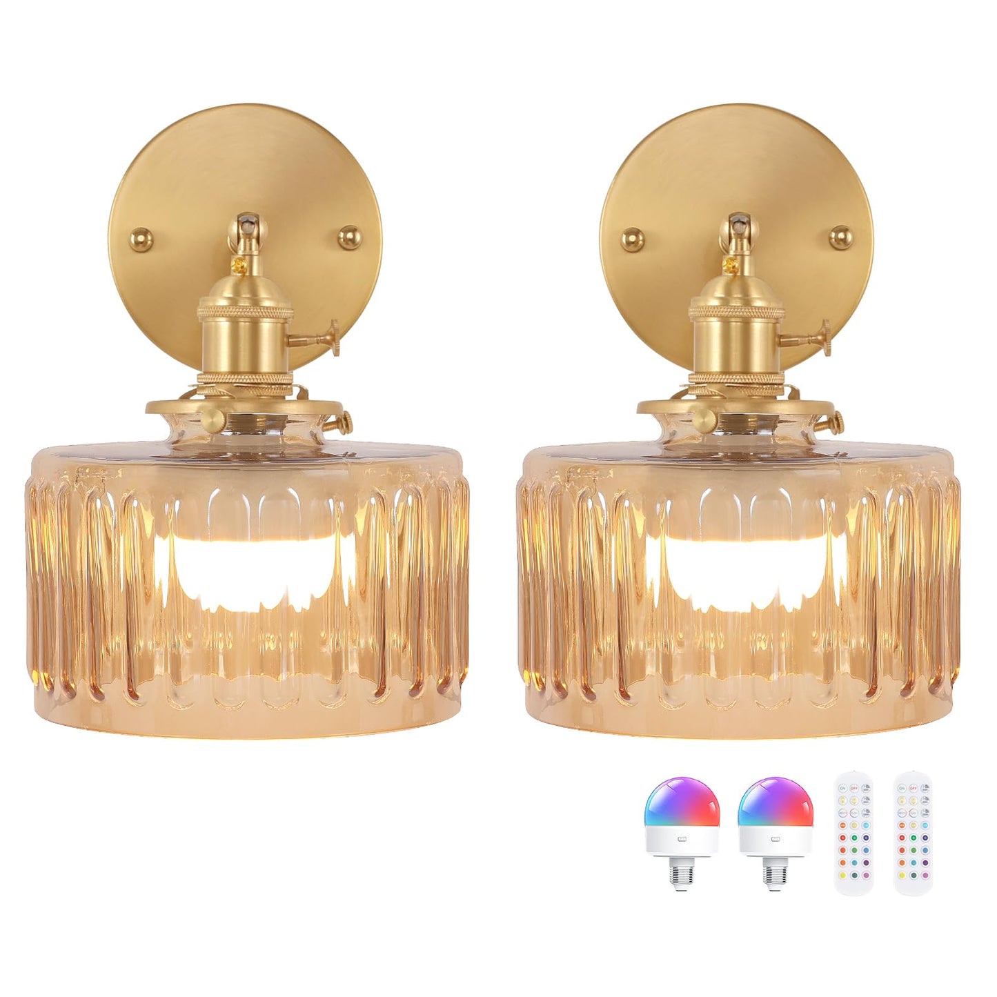 Shenmoyl Vintage Battery Operated Wall Sconce with Amber Striped Glass Lampshade 5000 mAh Rechargeable Battery Powered Wall Light with Remote Control for Bedside Bedroom Doorway, Set of 2