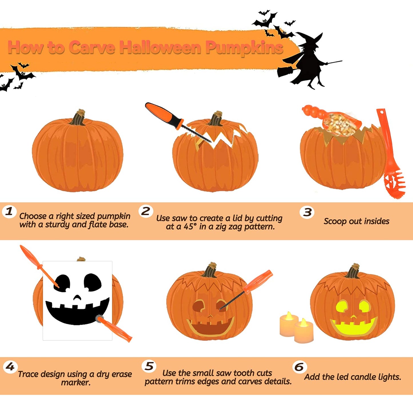 Halloween Pumpkin Carving Kit for Kids - 6 Tools Set, 6 LED Candles, 4 Balloon Headbands, 6 LED Rings, 6 Stickers, 10 Carving Stencils for Decorations