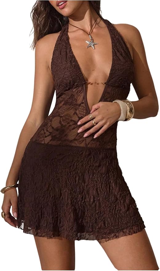 Verdusa Women's Y2k Vintage Western Lace Sheer Dress Backless Sleeveless Halter Dresses Festival Outfits