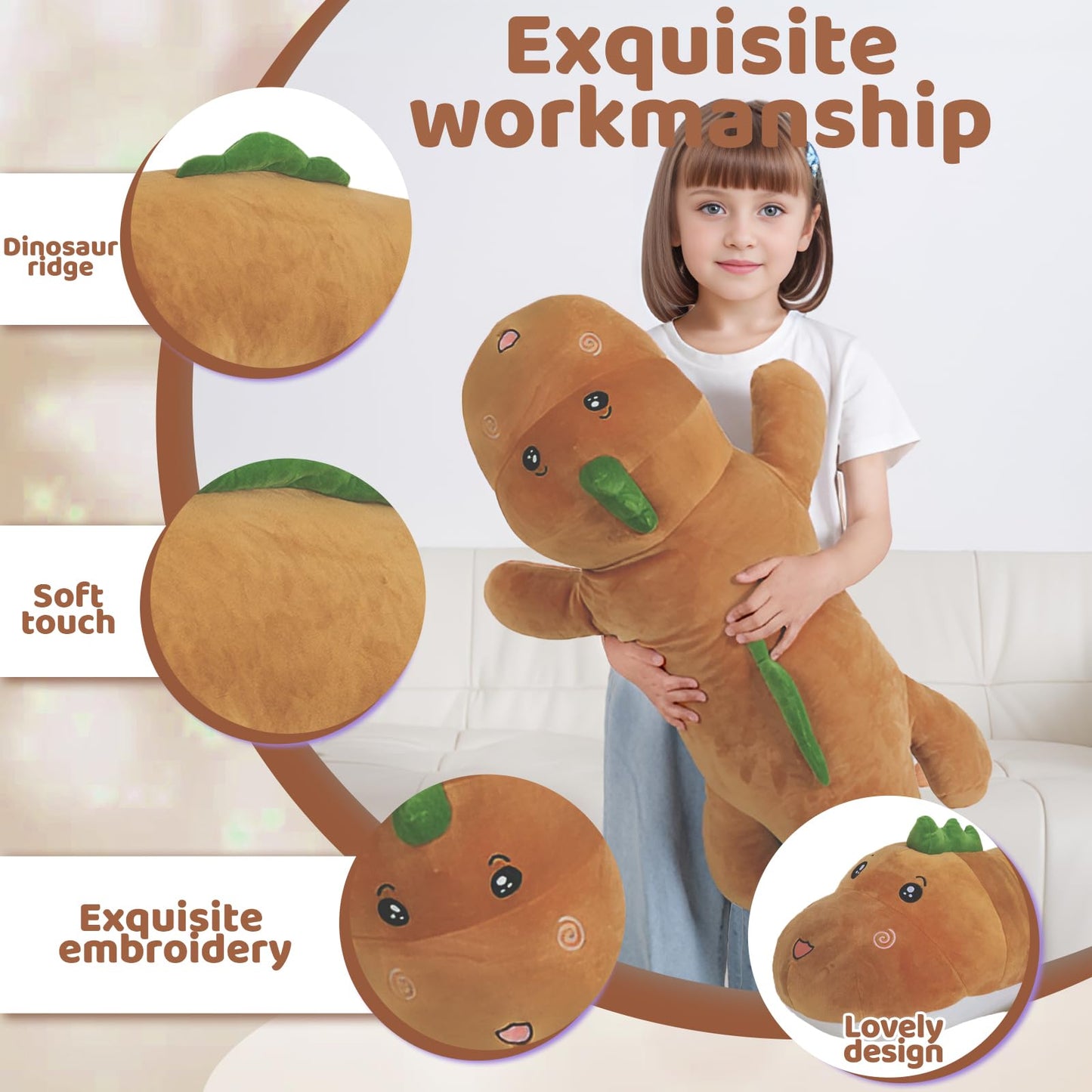 32" Giant Dinosaurs Plush Toy Pillow, Cute Dinosaur Stuffed Animals Doll, Soft Back Cushion Big Brown Dinosaur Plushies, Gift for Kids Boys, Birthdays