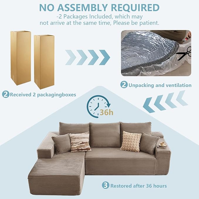 96" Cloud Sectional Couch with L-Shape Chaise, Modern Corduroy Boneless Couch for Living Room,Memory Foam Sofa with Deep Seat,No Assembly Required (Camel,Left-Facing Chaise)