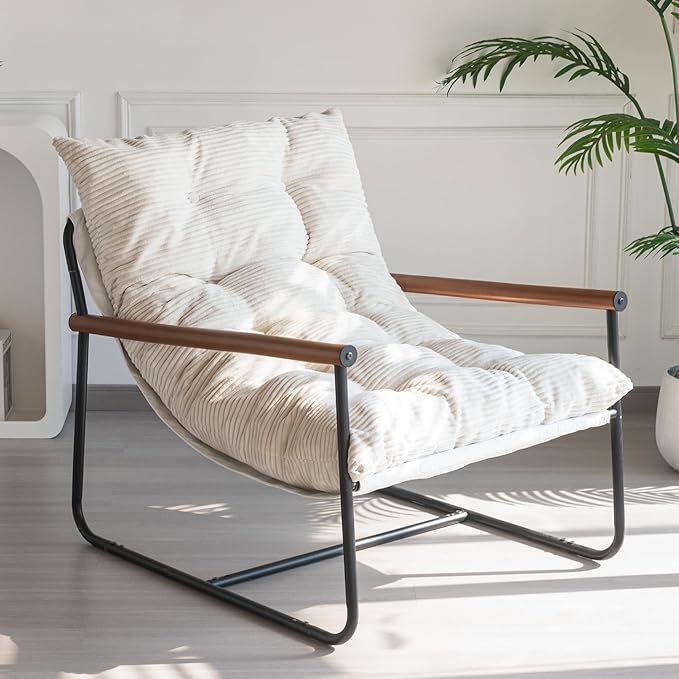 MAXYOYO Modern Accent Chair, Comfy Living Room Chair with Metal Frame Wooden Armrest, Upholstered Armchair with Soft Cushi...