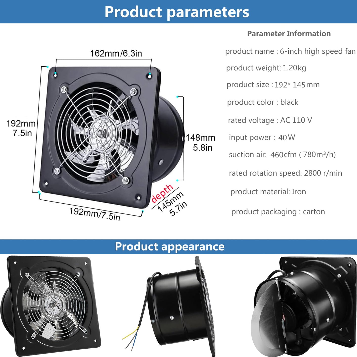 Acedurobla 6 Inch Exhaust Fan Metal Iron Ventilation Extractor, Silence With Anti-Backflow Check Valve Window And Wall Mount Ven