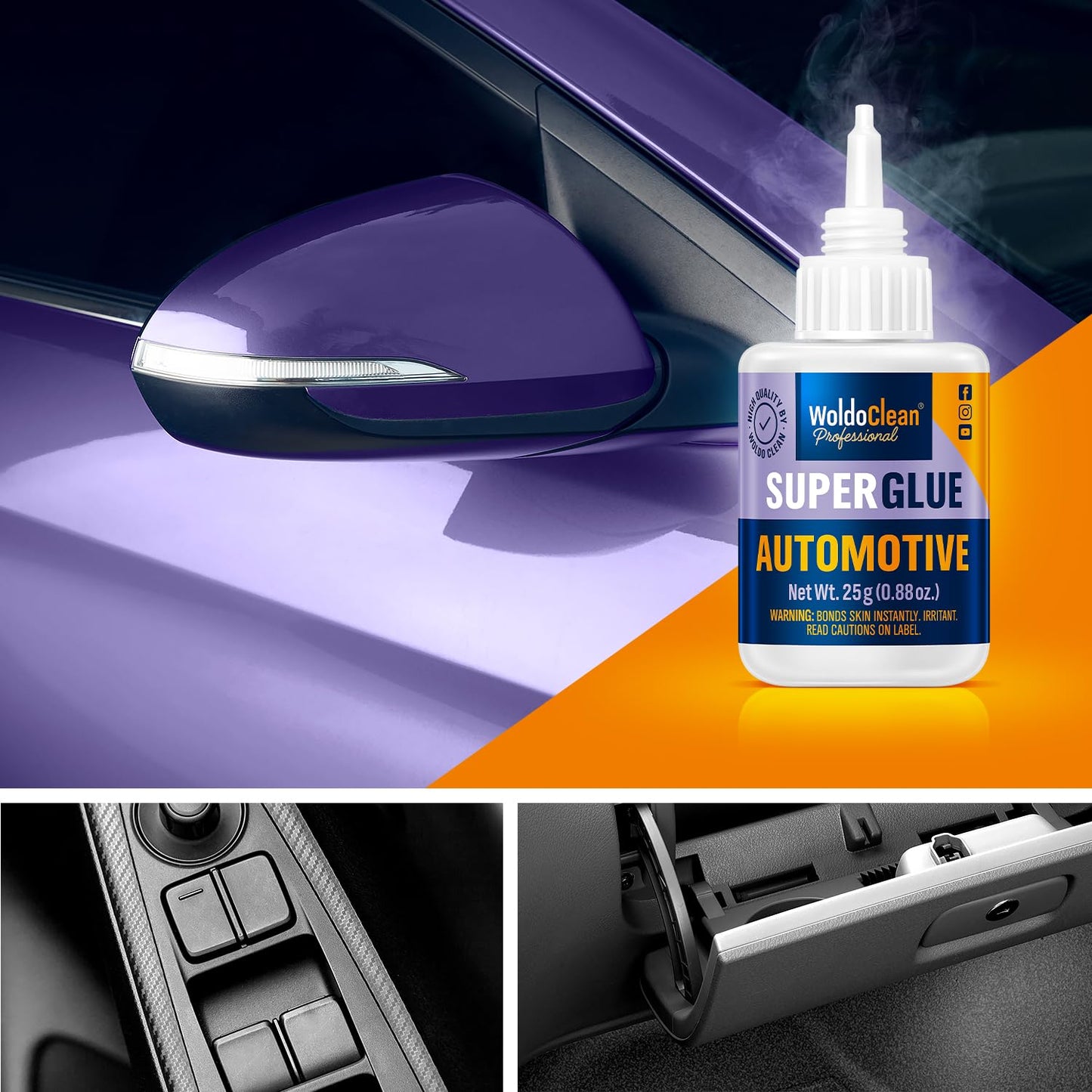 WoldoClean Super Glue for Cars & Vehicles - Extra Strong Automotive Adhesive, Fast-Drying, Heat & Water Resistant, 25g Liquid Formula for Plastic, Metal & Rubber Repairs