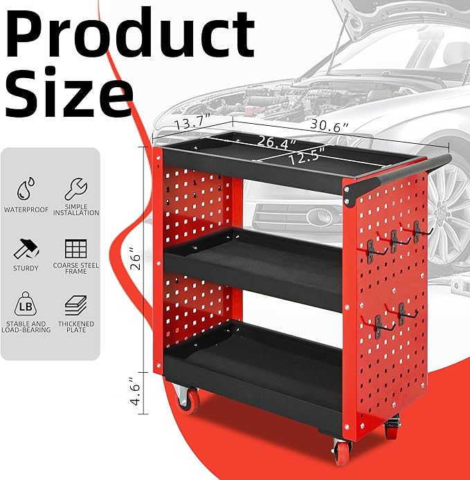 XCX 3 Tier Rolling Tool Cart on Wheels, 660LBS Load Capacity Heavy Duty Utility with Pegboard for Repair Shop, Garage, Warehouse, Workshop