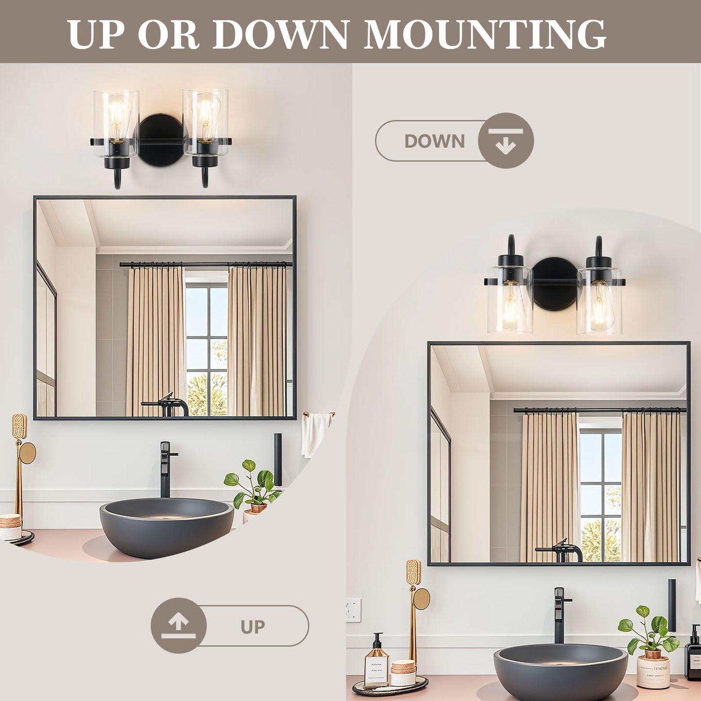AURYNIX 2-Light Black Bathroom Light Fixtures with Clear Glass Shade, Modern Wall Sconces, Vanity Lights for Bathroom, Mirror, Powder Room, Living Room