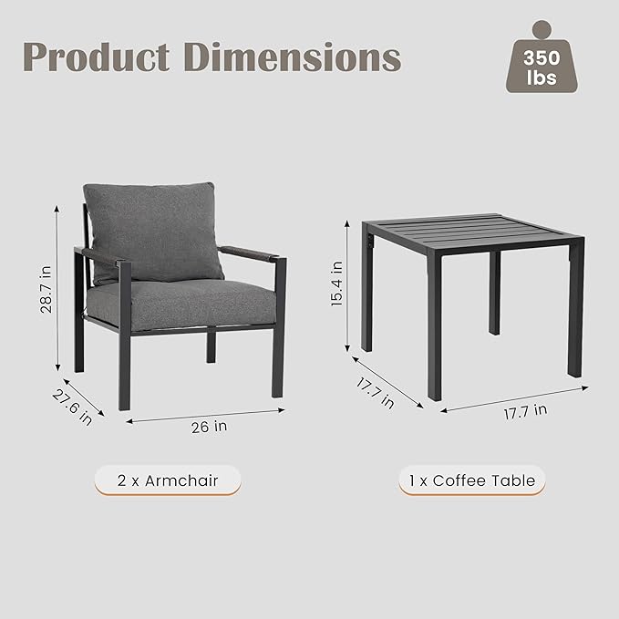 PATIOCHIC 3 Pieces Rattan Outdoor Furniture Set, All-Weather Patio Conversation Set with Dark Grey Cushions and Coffee Table for Garden, Backyard, Balcony, Poolside