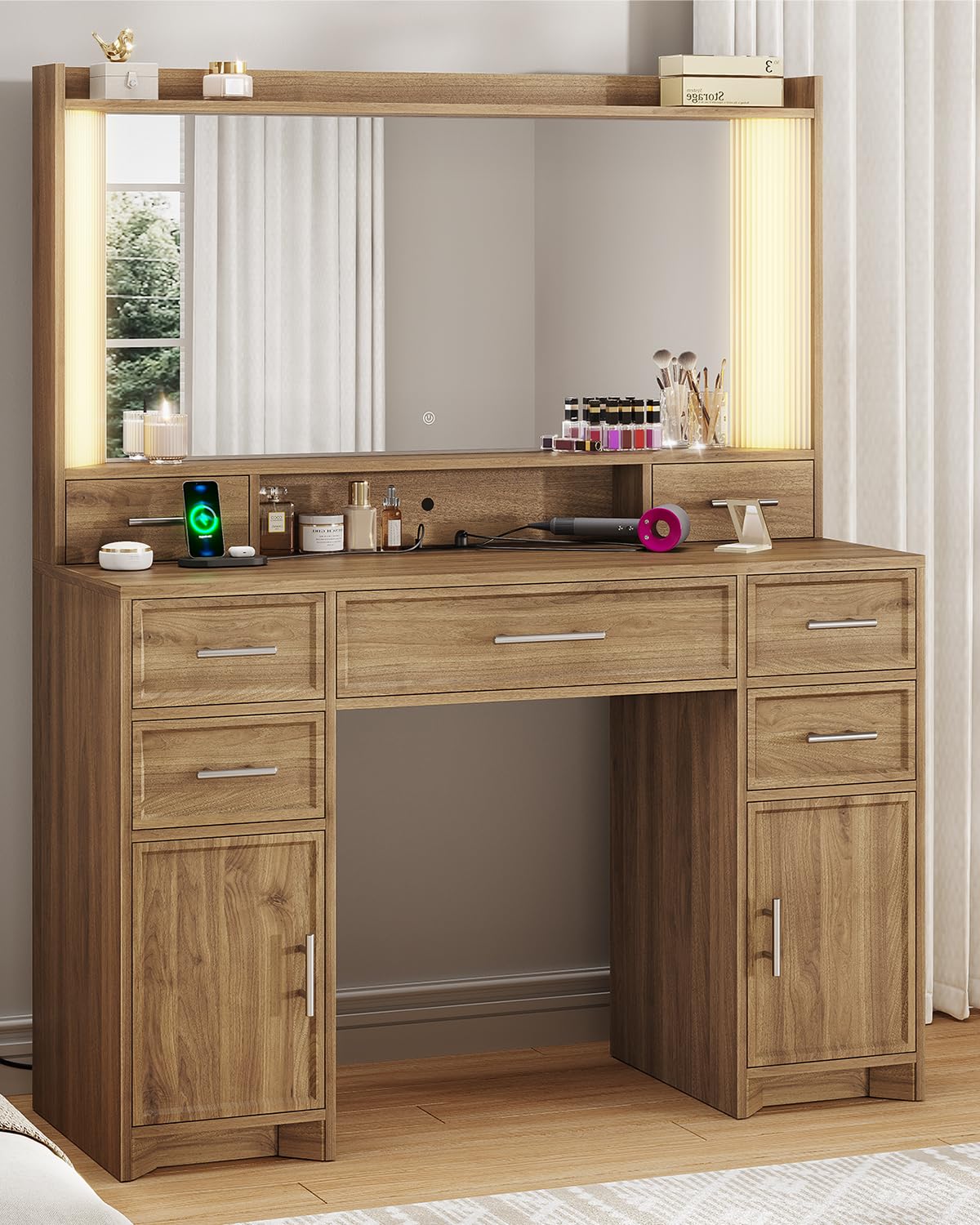 AOGLLATI Vanity Desk with Mirror and Lights, Makeup Vanity Desk with Lights, Large Mirror with Charging Station and 3 Color Lightbox, White Vanity Table with 7 Drawers for Bedroom, Brown