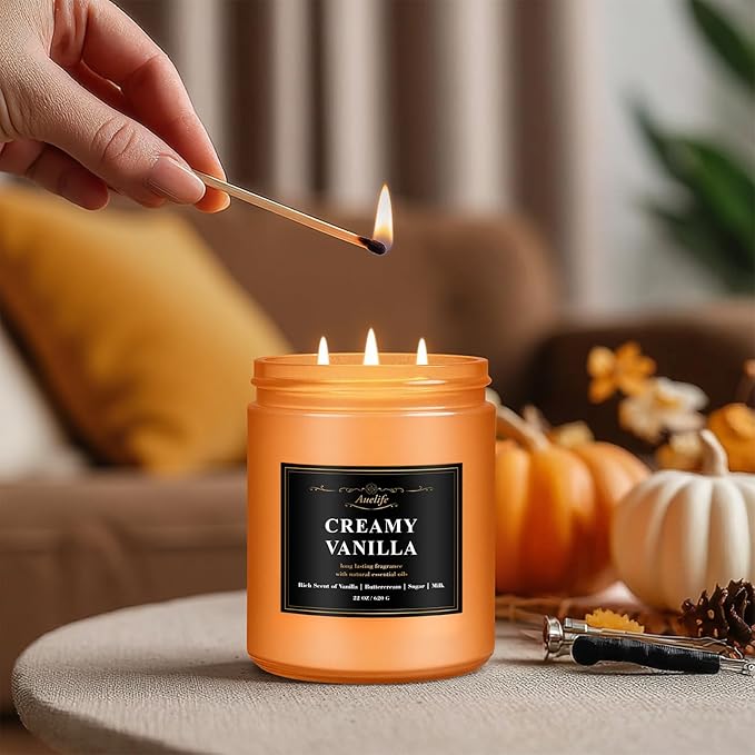 Auelife Creamy Vanilla Scented Candle – 22oz Large 3-Wick Soy Candle, Sweet Long Lasting Fall Candles for Home, Cozy Autumn Candles, Relaxing Gifts for Women & Men