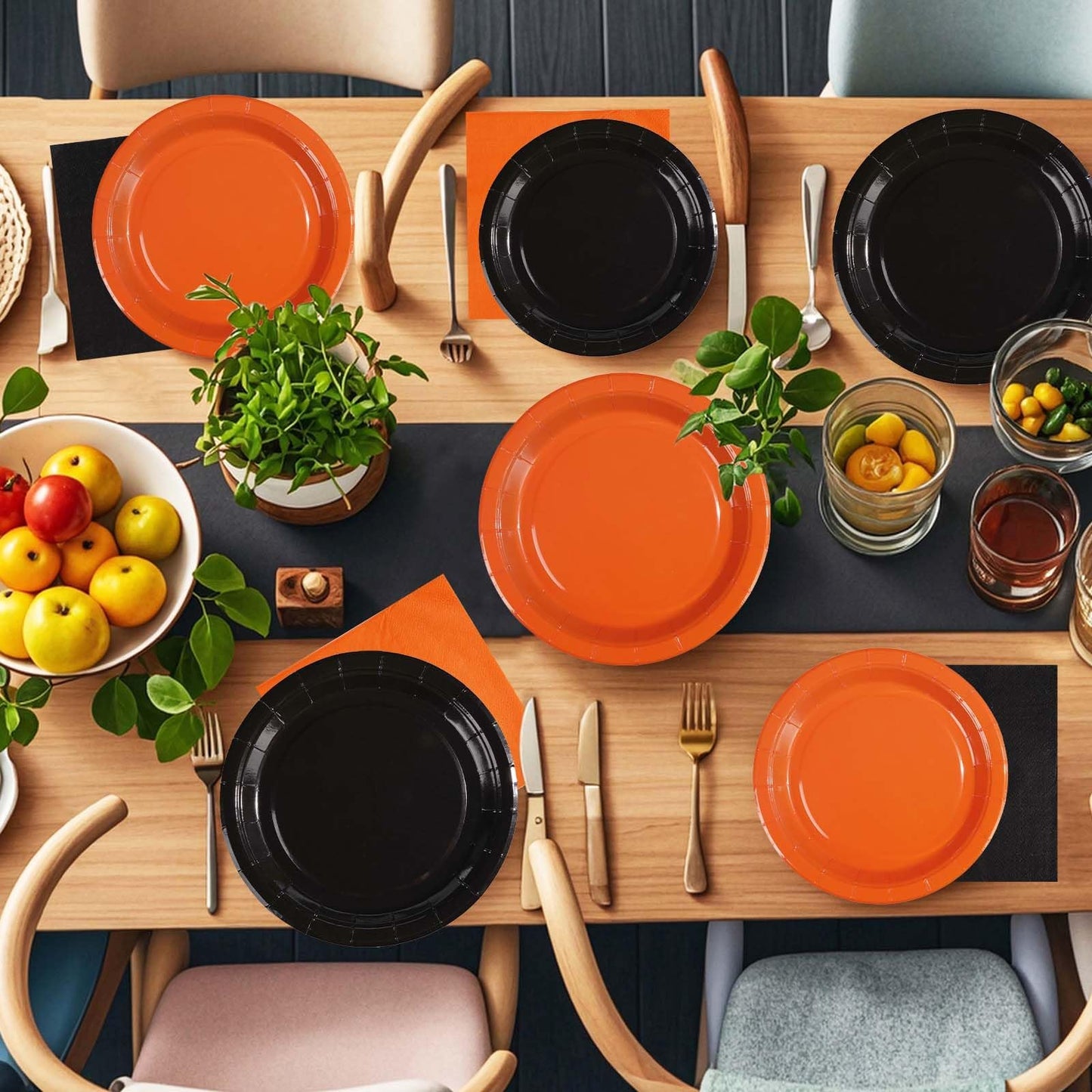 Grencian 96Pcs Orange and Black Party Decorations Orange and Black Plates and Napkins Disposable Paper Tableware Set for Birthday Wedding Baby Shower Fall Harvest Halloween Party Supplies, Serves 24