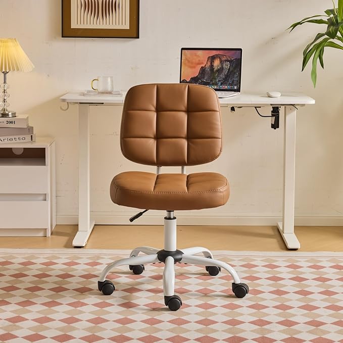 VINGLI Compact Small Desk Chair, Cute Armless Chair with Wheels, Vanity Chair with Low Back, Height Adjustable Task Chair for Small Spaces, Office, Bedroom, Make Up Room, PU Leather, Brown